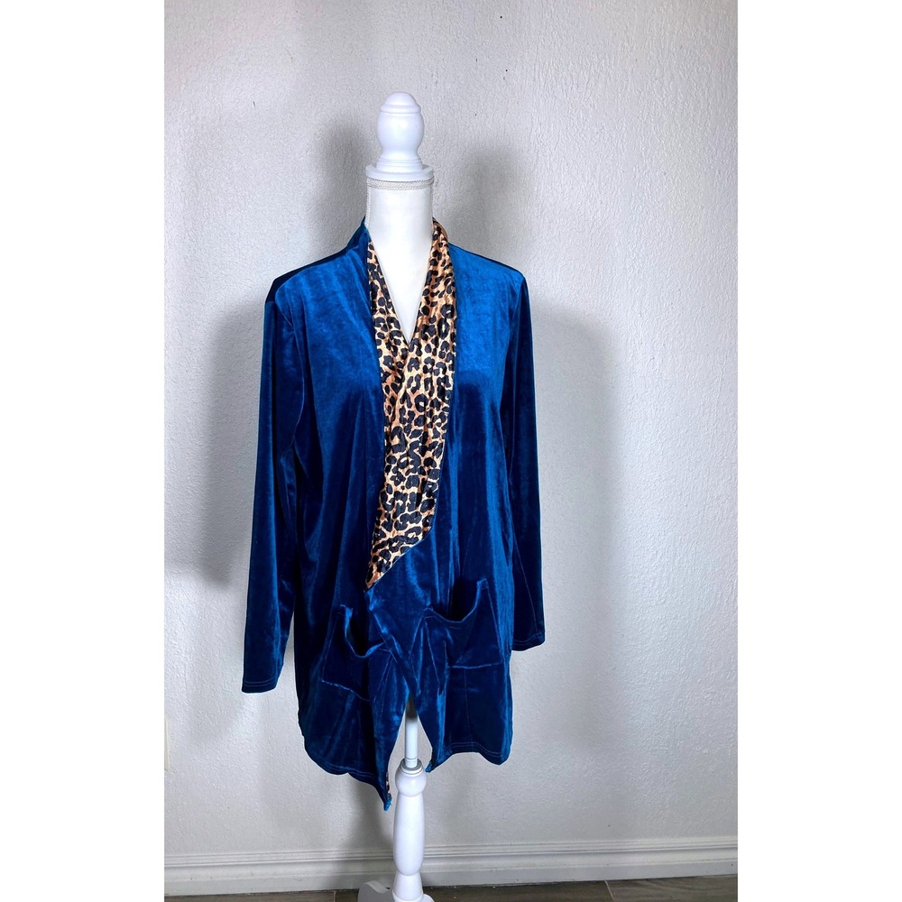 Umgee Blue Velvet Leopard Print Trim Open Front Cardigan Pockets Womens Medium